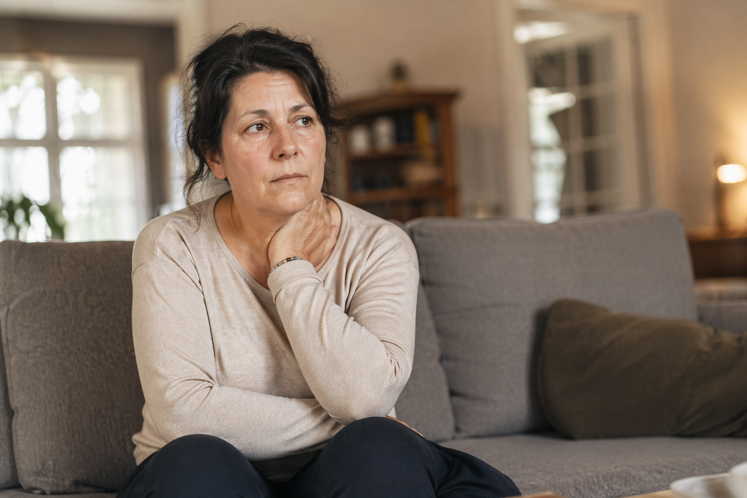 Susan sitting quietly on a couch, deep in thought
