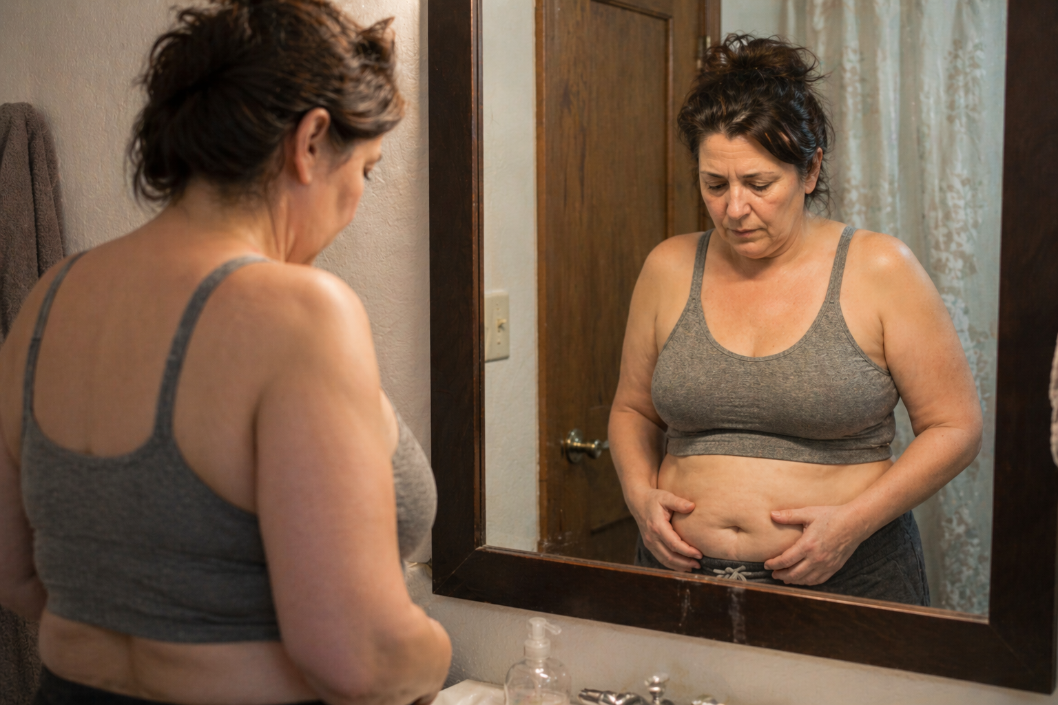 Susan looking at herself in the bathroom mirror
