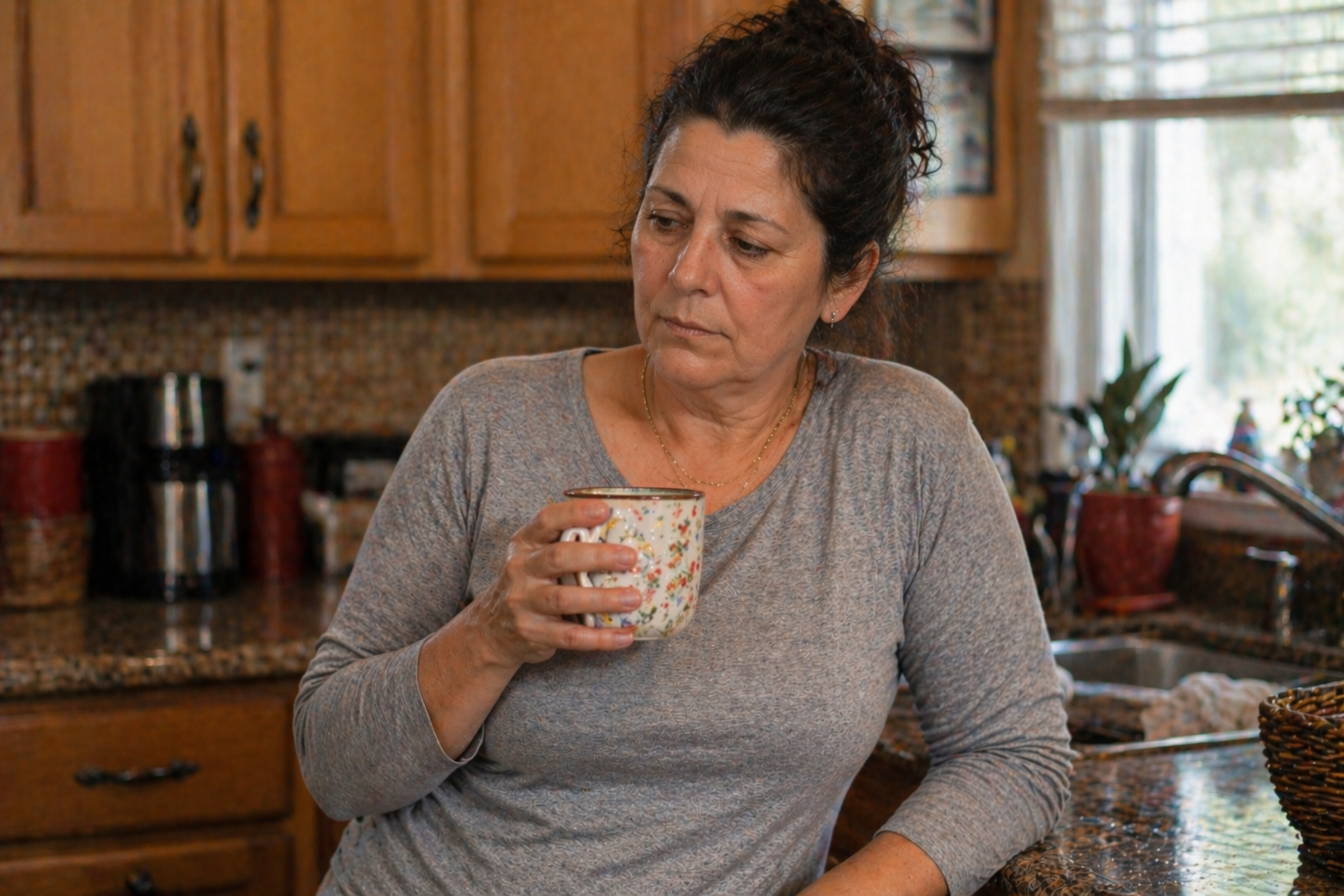 Susan standing in her kitchen with a mug, looking thoughtful