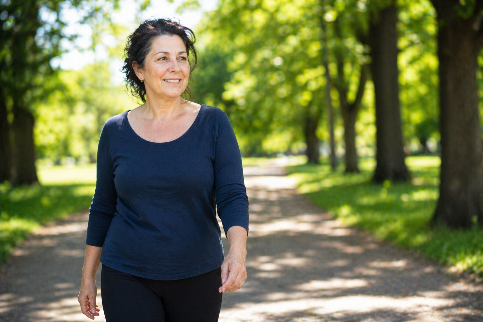 Susan walking outside on a sunny path